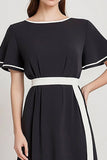 Black and White A Line Satin Midi Work Dress with Sleeves