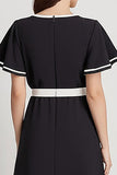 Black and White A Line Satin Midi Work Dress with Sleeves