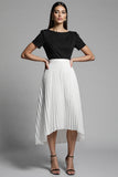 Black and White Midi A Line Pleated Work Dress with Sleeves