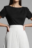 Black and White Midi A Line Pleated Work Dress with Sleeves