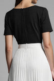 Black and White Midi A Line Pleated Work Dress with Sleeves