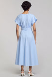 Sky Blue Satin A Line Midi Work Dress with Belt