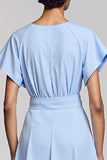 Sky Blue Satin A Line Midi Work Dress with Belt