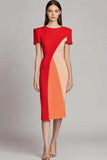 Red Bodycon Satin Patchwork Midi Work Dress with Short Sleeves