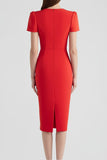 Red Bodycon Satin Patchwork Midi Work Dress with Short Sleeves