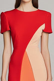 Red Bodycon Satin Patchwork Midi Work Dress with Short Sleeves