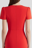 Red Bodycon Satin Patchwork Midi Work Dress with Short Sleeves