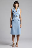 Sky Blue Satin Notched Lapel Bodycon Midi Work Blazer Dress with Belt