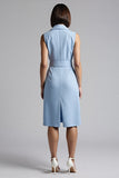 Sky Blue Satin Notched Lapel Bodycon Midi Work Blazer Dress with Belt
