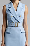 Sky Blue Satin Notched Lapel Bodycon Midi Work Blazer Dress with Belt