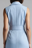 Sky Blue Satin Notched Lapel Bodycon Midi Work Blazer Dress with Belt
