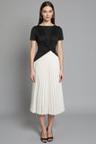 Black and White A Line Ruched Pleated Midi Work Dress with Sleeves