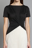 Black and White A Line Ruched Pleated Midi Work Dress with Sleeves