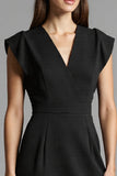 Black and White V Neck Satin Bodycon Midi Work Dress
