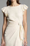 Ivory Bodycon Satin Midi Work Dress with Ruffles