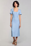 Sky Blue Midi Satin Bodycon Square Neck Work Dress with Sleeves