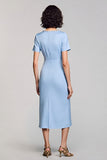 Sky Blue Midi Satin Bodycon Square Neck Work Dress with Sleeves