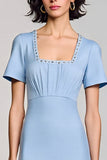 Sky Blue Midi Satin Bodycon Square Neck Work Dress with Sleeves