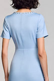 Sky Blue Midi Satin Bodycon Square Neck Work Dress with Sleeves