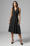 Black Satin V-Neck A Line Ruched Midi Work Dress