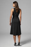 Black Satin V-Neck A Line Ruched Midi Work Dress