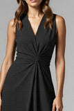 Black Satin V-Neck A Line Ruched Midi Work Dress