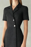 Black Notched Lapel Bodycon Midi Work Blazer Dress with Sleeves