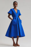 V-Neck Midi Royal Blue Satin A Line Work Dress with Pockets