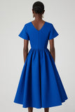 V-Neck Midi Royal Blue Satin A Line Work Dress with Pockets