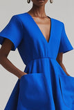 V-Neck Midi Royal Blue Satin A Line Work Dress with Pockets