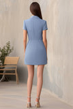 Satin Bodycon Notched Lapel Dusty Blue Short Work Blazer Dress