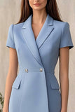 Satin Bodycon Notched Lapel Dusty Blue Short Work Blazer Dress