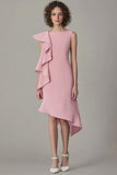 Pink Satin Bodycon Midi Work Dress with Ruffles