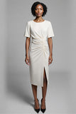 Midi Ivory Bodycon Satin Ruched Work Dress with Slit