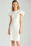 Short Ivory Bodycon Satin Ruffled Work Dress with Sleeves
