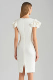 Short Ivory Bodycon Satin Ruffled Work Dress with Sleeves