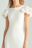 Short Ivory Bodycon Satin Ruffled Work Dress with Sleeves