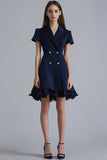 Navy Ruffled A Line Short Work Blazer Dress with Sleeves