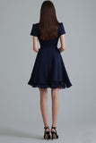 Navy Ruffled A Line Short Work Blazer Dress with Sleeves