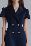 Navy Ruffled A Line Short Work Blazer Dress with Sleeves