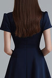 Navy Ruffled A Line Short Work Blazer Dress with Sleeves