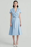 Sky Blue Satin Notched Lapel Midi Work Blazer Dress with Belt