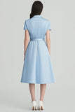 Sky Blue Satin Notched Lapel Midi Work Blazer Dress with Belt