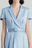 Sky Blue Satin Notched Lapel Midi Work Blazer Dress with Belt
