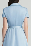 Sky Blue Satin Notched Lapel Midi Work Blazer Dress with Belt