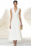 Ivory A Line Satin V-Neck Long Work Dress