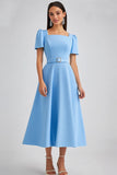 Midi Sky Blue Satin A Line Square Neck Work Dress with Belt