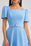 Midi Sky Blue Satin A Line Square Neck Work Dress with Belt