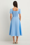 Midi Sky Blue Satin A Line Square Neck Work Dress with Belt