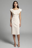 Ivory Bodycon Midi Square Neck Satin Work Dress with Ruffles